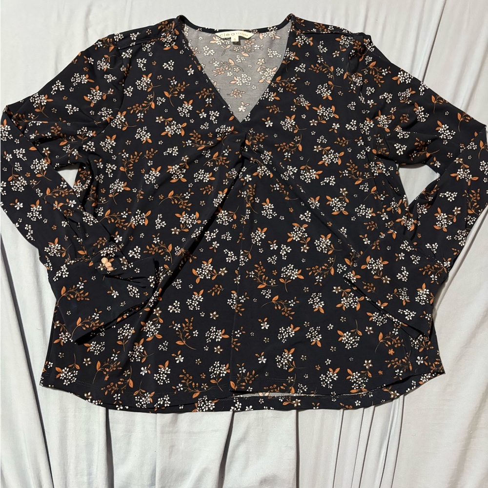 Cleo Floral V-Neck Long Sleeve Top - Black and Brown size xl